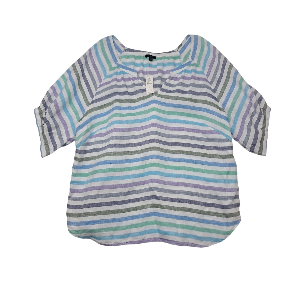 NWT Talbots Top Womens Plus 1X White Striped V-Neck 100% Linen Short Sleeve
